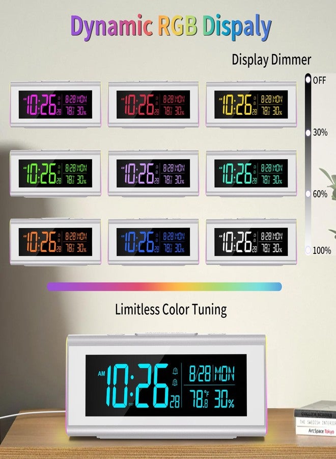 ساعات منبه رقمية لغرف النوم، ساعة مكتبية LED مع إضاءة ليلية RGB، وخاصية التحكم في شدة الإضاءة، وعرض التاريخ واليوم ودرجة الحرارة على شاشة كبيرة، ديكور عصري للمكتب، هدية للأطفال والمراهقين والبالغين (فضي) - Image 3